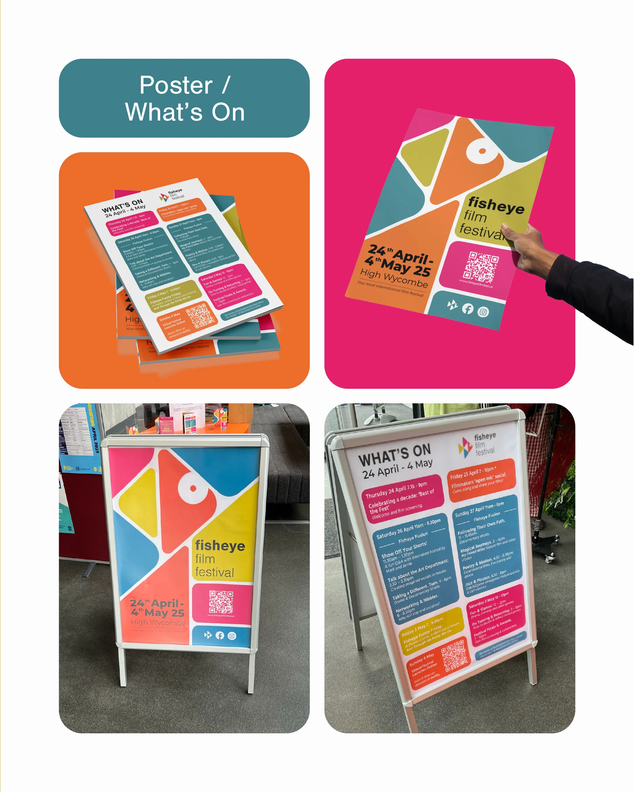 The main poster and the What's On, printed and out on A-boards.