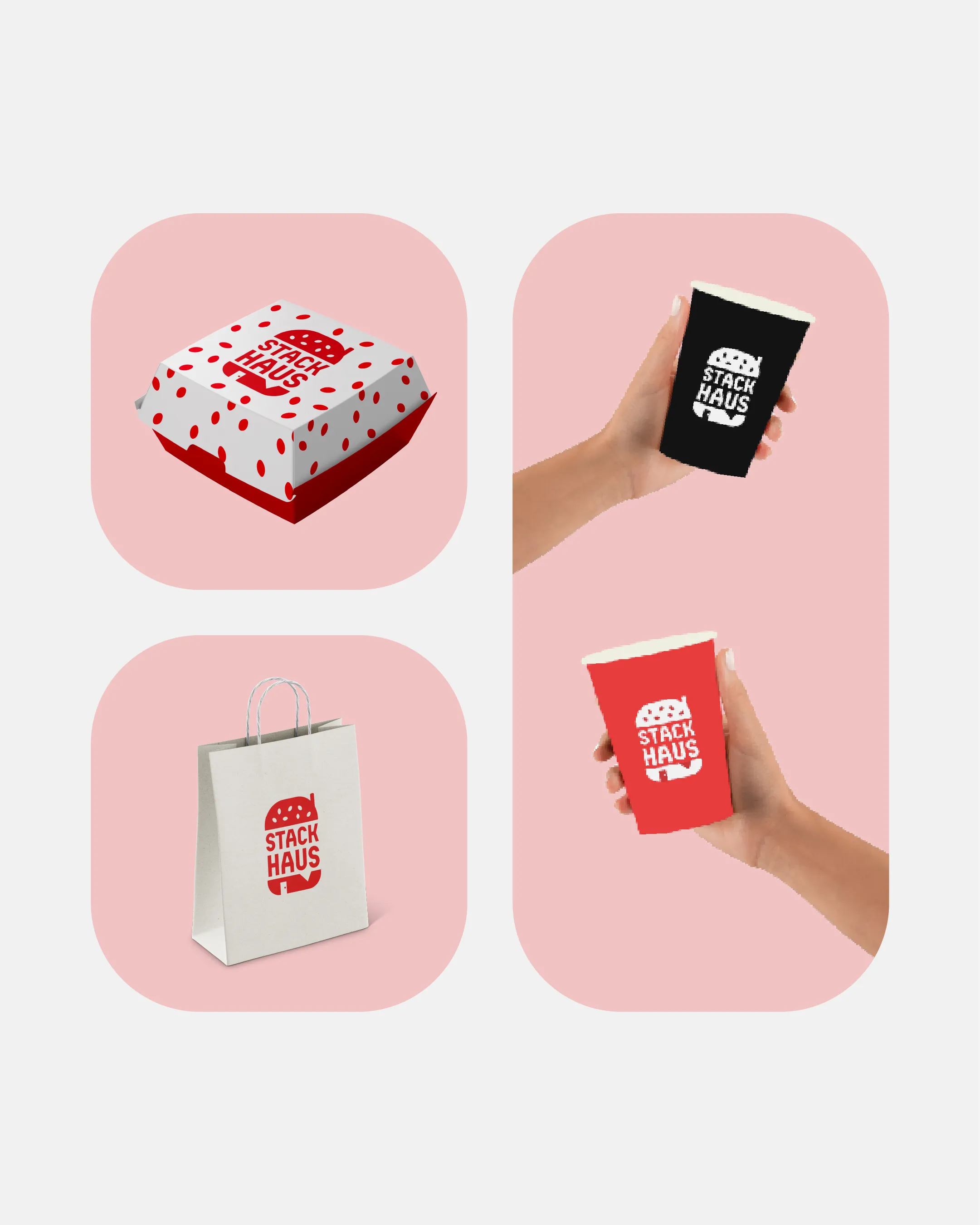 Burger box, bag and cups.